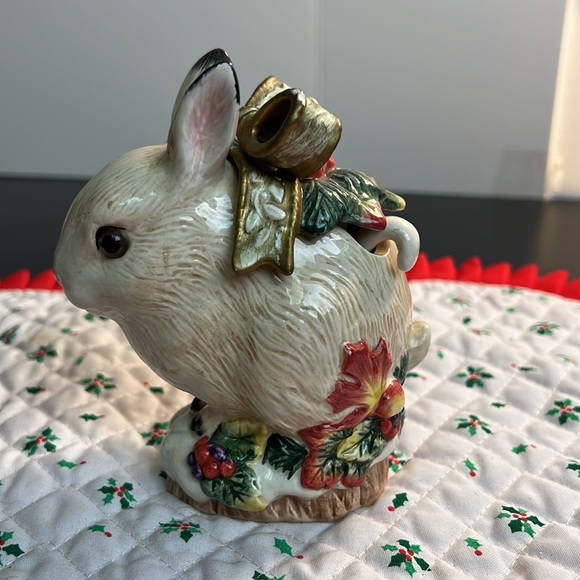 1996 Fitz and Floyd Christmas Holiday Rabbits Creamer Sugar Relish Dish - Picture 8 of 14